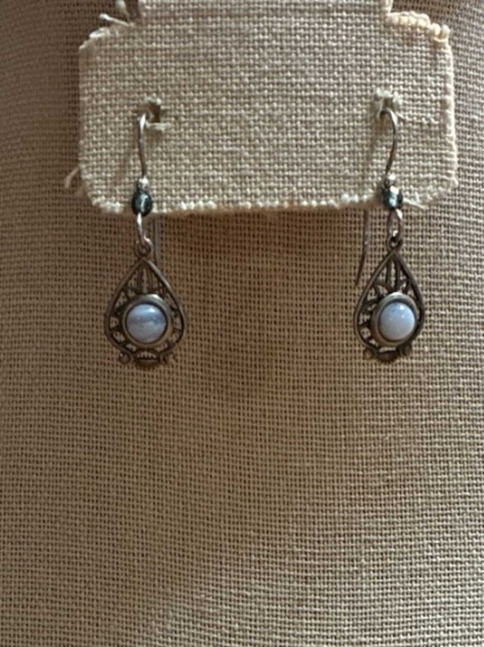 Silver-Tone Teardrop Earrings with Pale Blue Cabochon